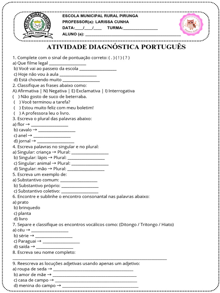 Atividade Diagnóstica de Português 3º Ano | PDF | Plural | Linguística