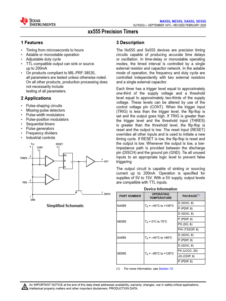 NE555 Timer Specifications Overview | PDF | Digital Electronics ...