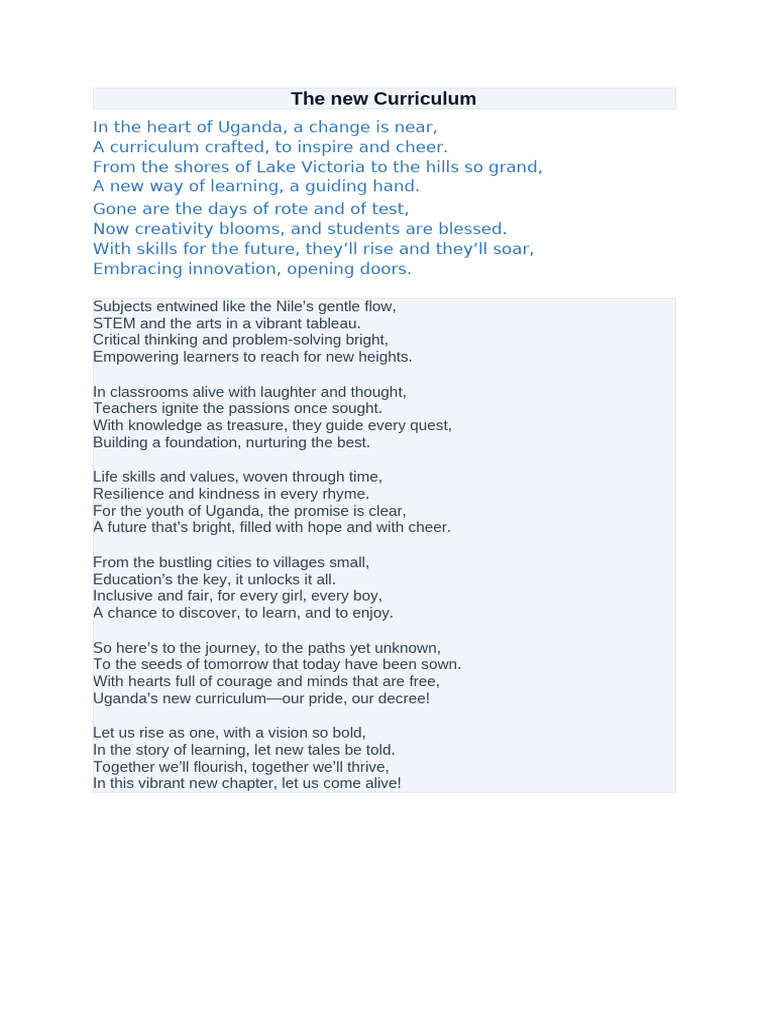 Uganda's Inspiring New Curriculum Poem | PDF