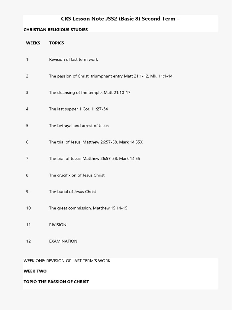 JSS2 CRS Lesson Notes: Second Term | PDF | Jesus | Last Supper