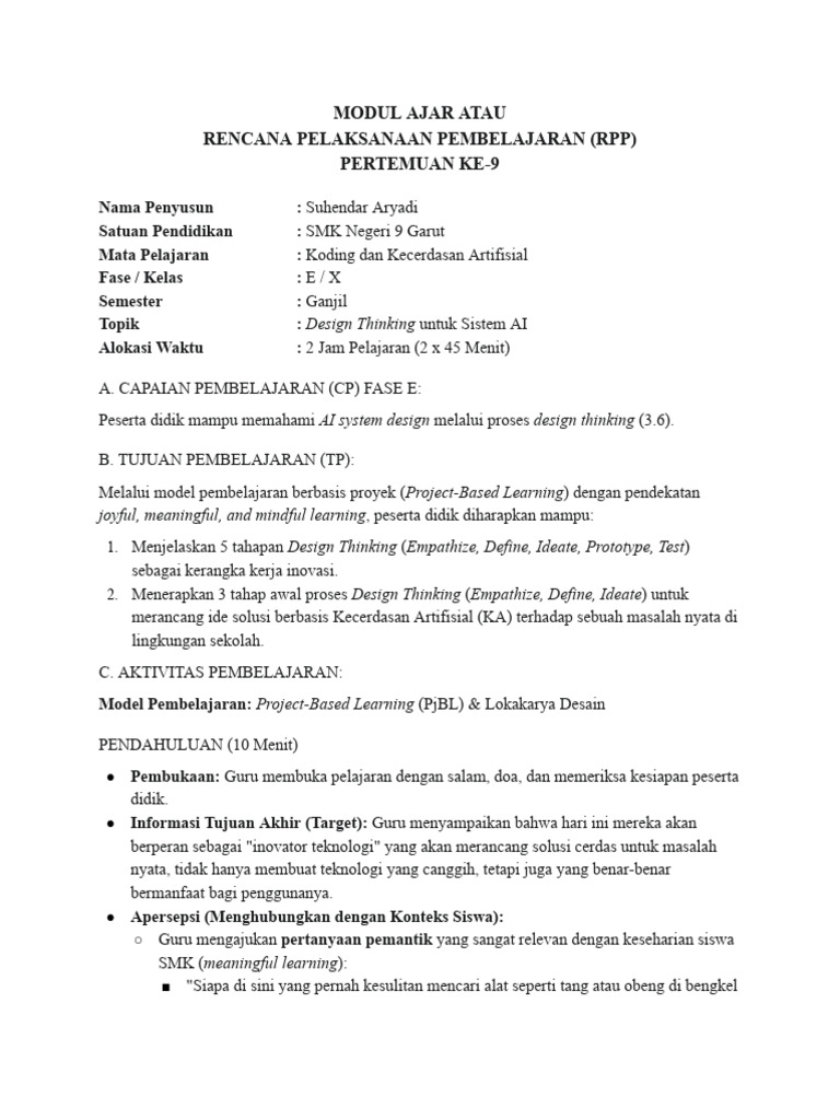 RPP Design Thinking untuk Sistem AI | PDF