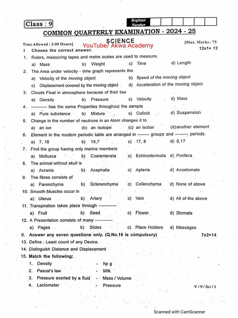 9th Science Quarterly Exam 2024 Original Question Paper Tirupattur ...