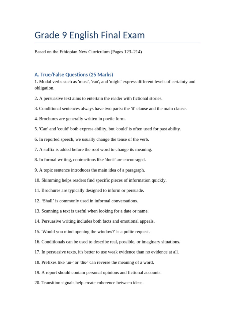 Grade 9 English Final Exam Overview | PDF