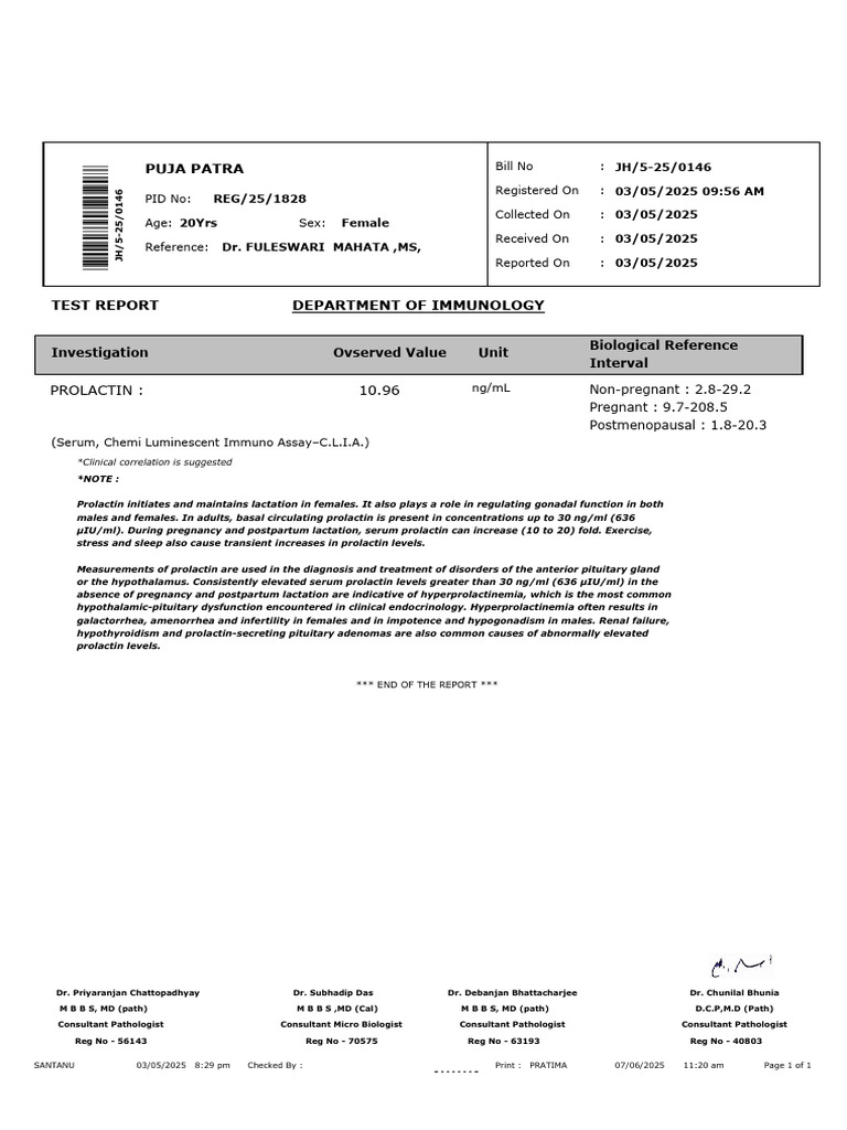 Prolactin Test Results for Puja Patra | PDF | Glands | Medical Specialties