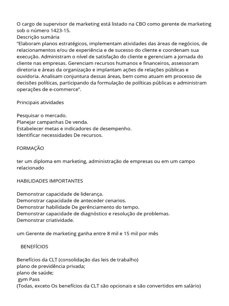 Supervisor de Marketing: CBO 1423-15 | PDF