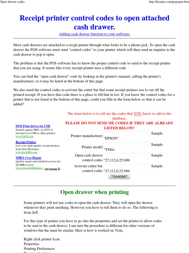 Open Drawer Codes Printer Office Work