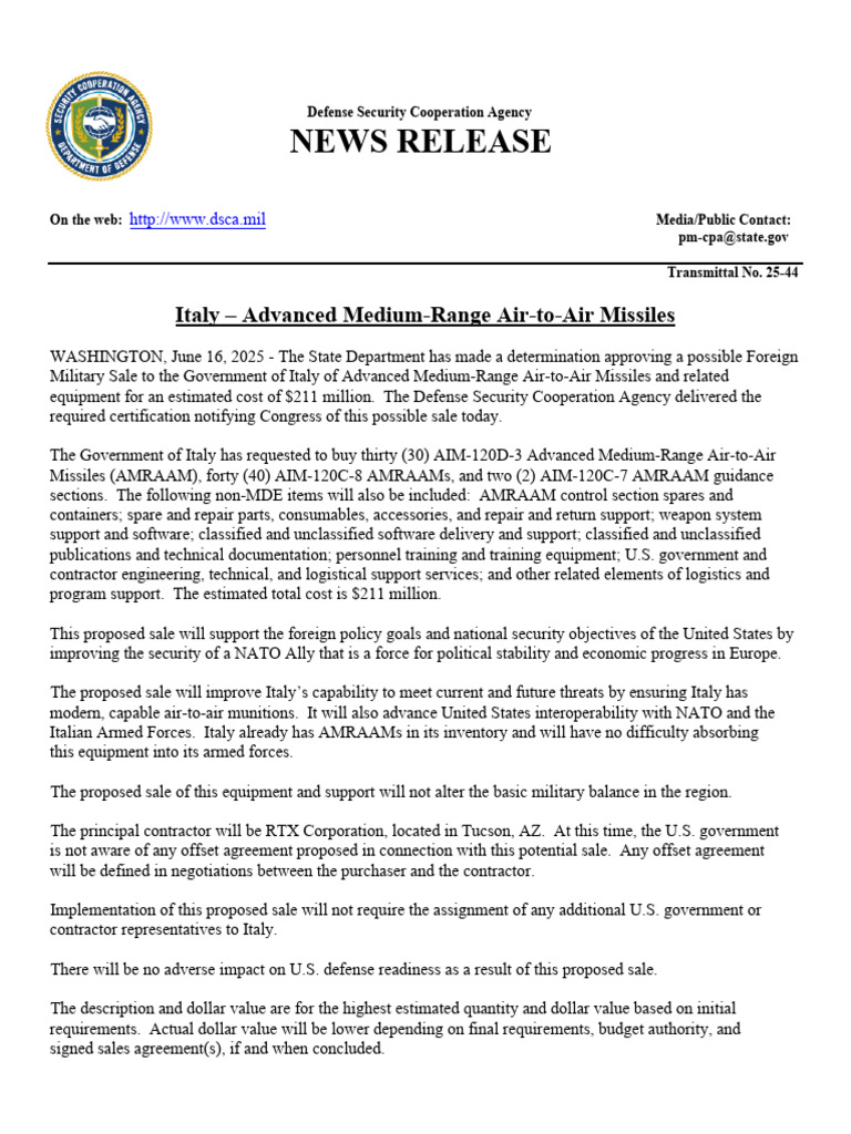 Italy's $211M Air-to-Air Missile Sale | PDF | International Relations ...