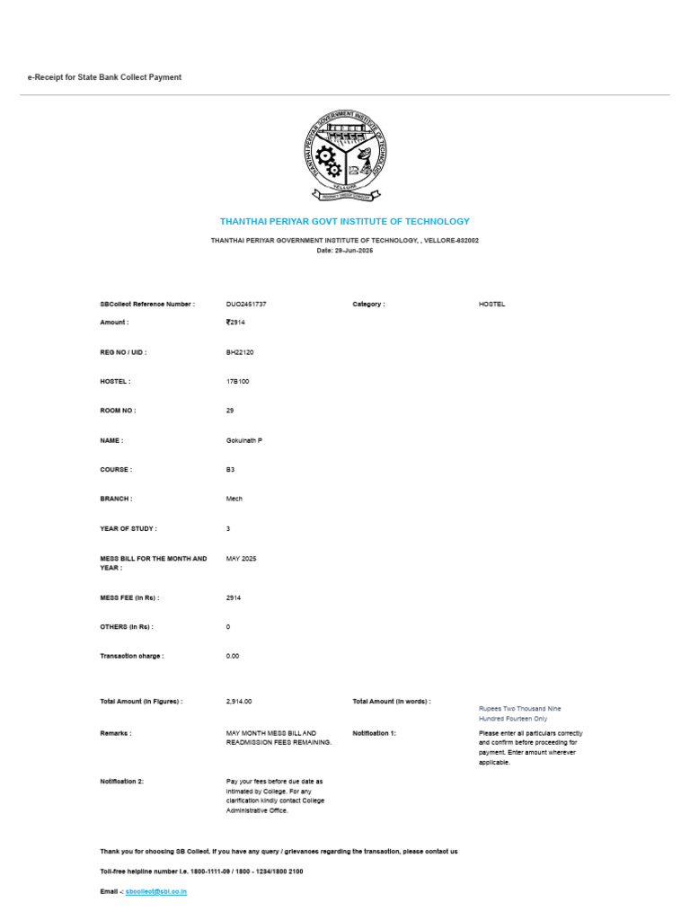 e-Receipt for Hostel Mess Fee Payment | PDF | Payments