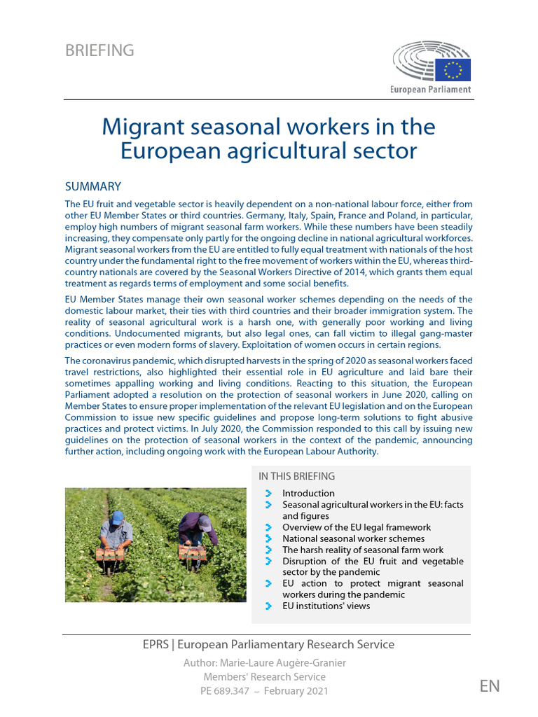Migrant Seasonal Workers in EU Agriculture | PDF | Migrant Worker ...