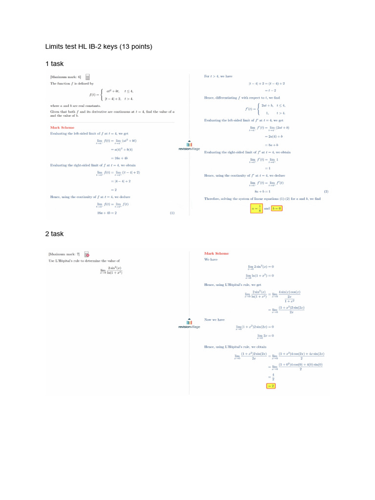 Limits Test HL IB-2 Keys | PDF