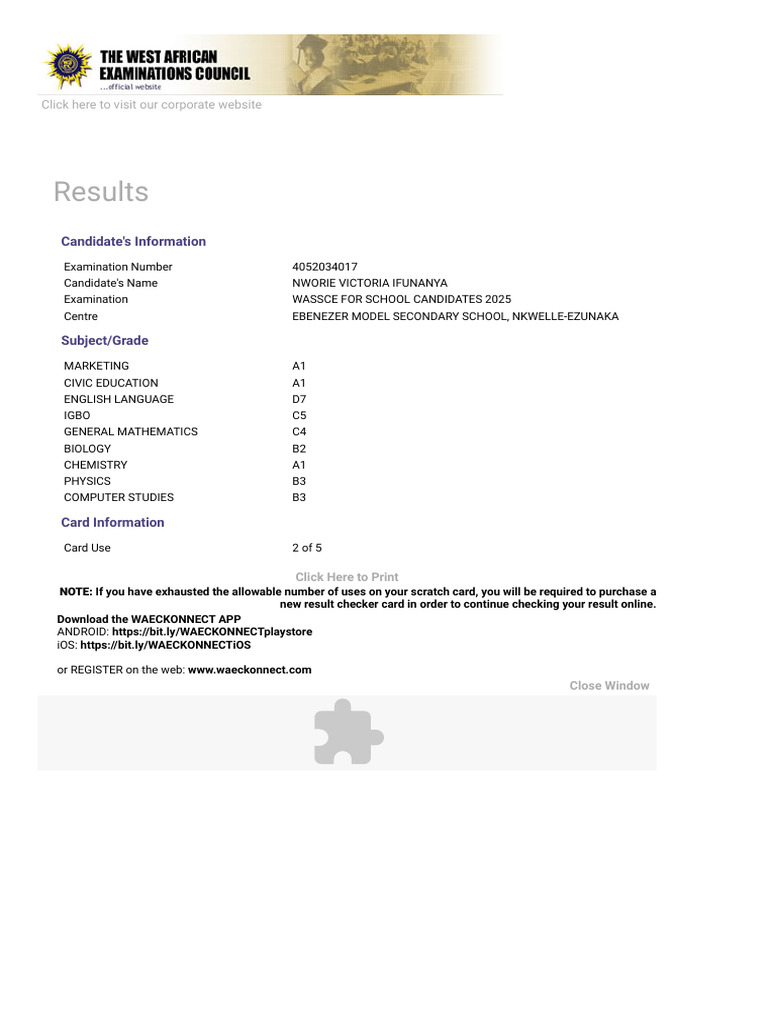 Waecdirect Online - Results | PDF