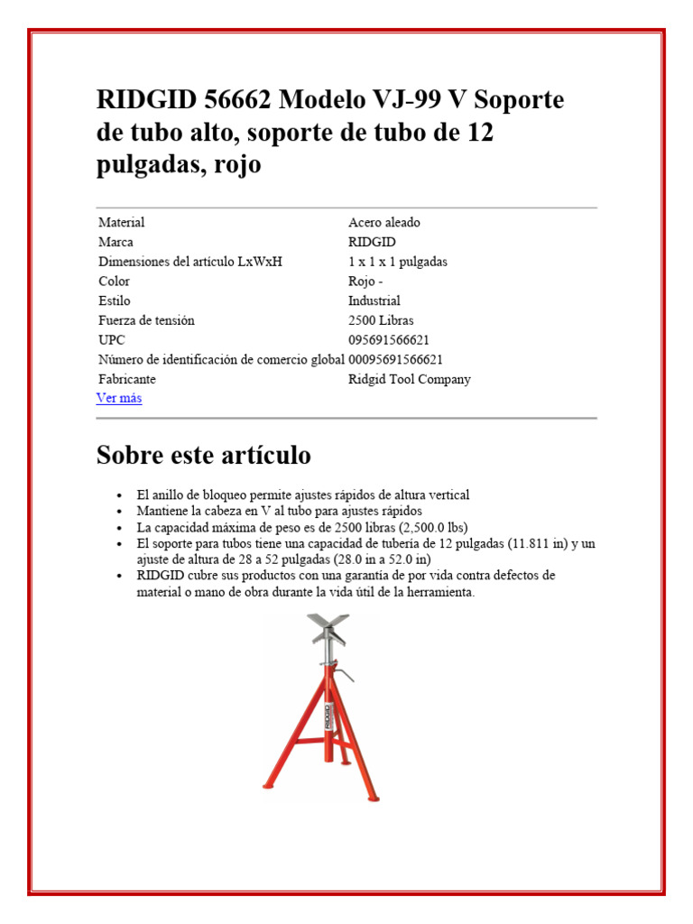 Soporte de Tubo RIDGID 56662 VJ-99 | PDF