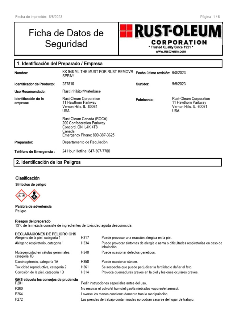 Ficha de Seguridad KK 946 ML Rust Remover | PDF | Agua | Ventilación ...