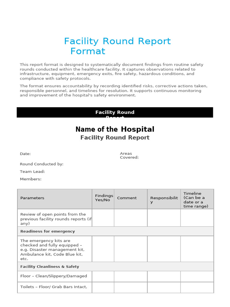 Hospital Facility Round Checklist | PDF | Fire Safety | Emergency