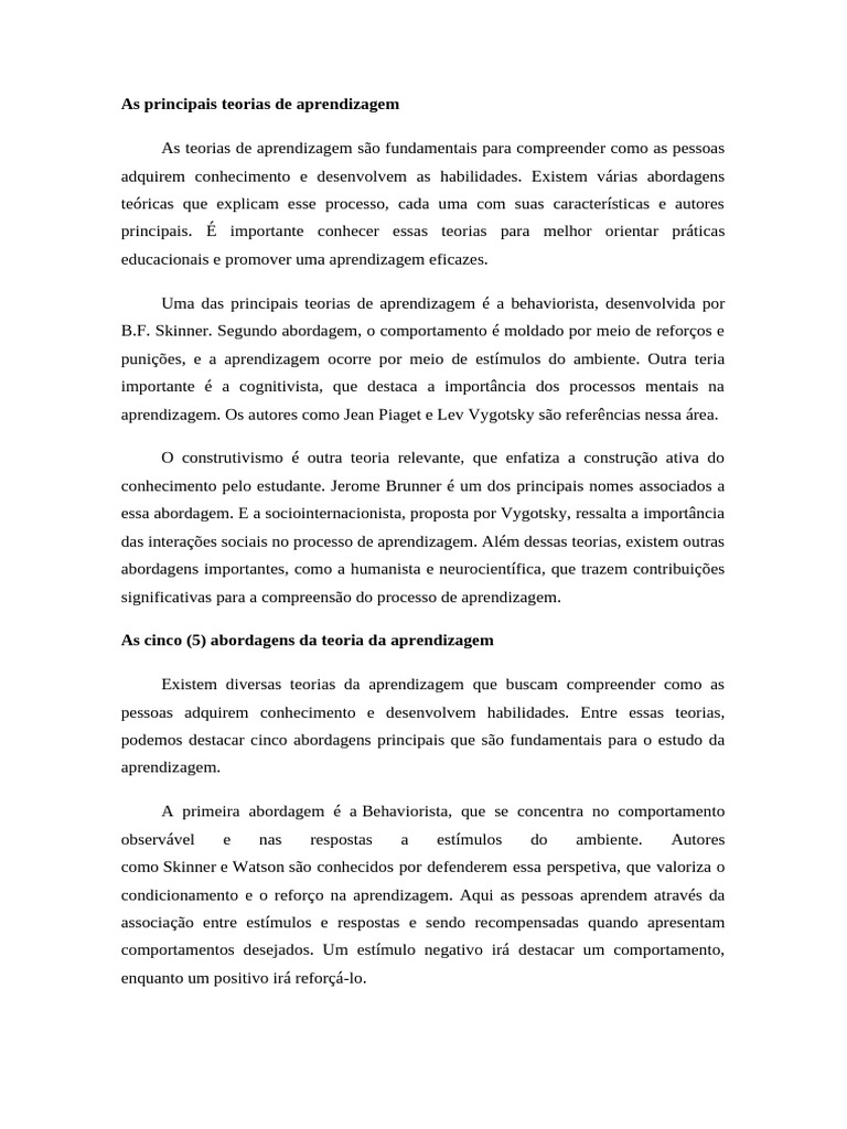 Principais Teorias da Aprendizagem | PDF | Aprendizado | Behaviorismo