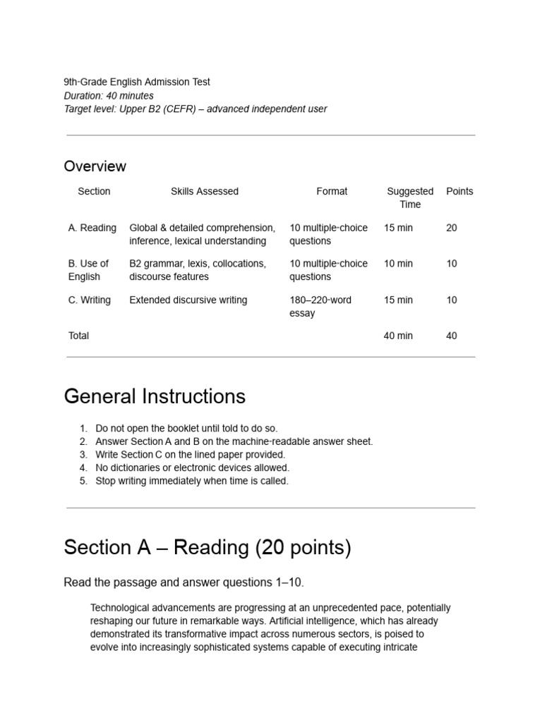 9th Grade English Admission Test Guide | PDF | Innovation | Virtual Reality