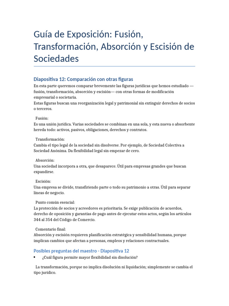 Comparativa de Fusión y Escisión Empresarial | PDF | Sociedad de ...