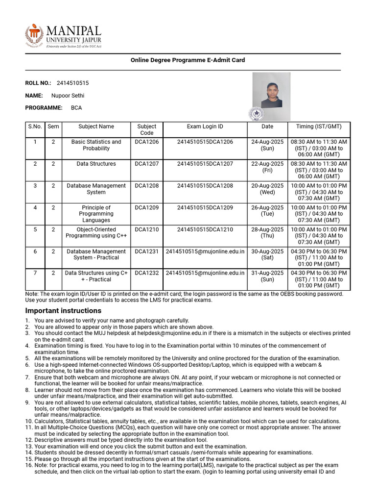 Online Degree Programme E-Admit Card: Roll No.: Name: Programme | PDF ...
