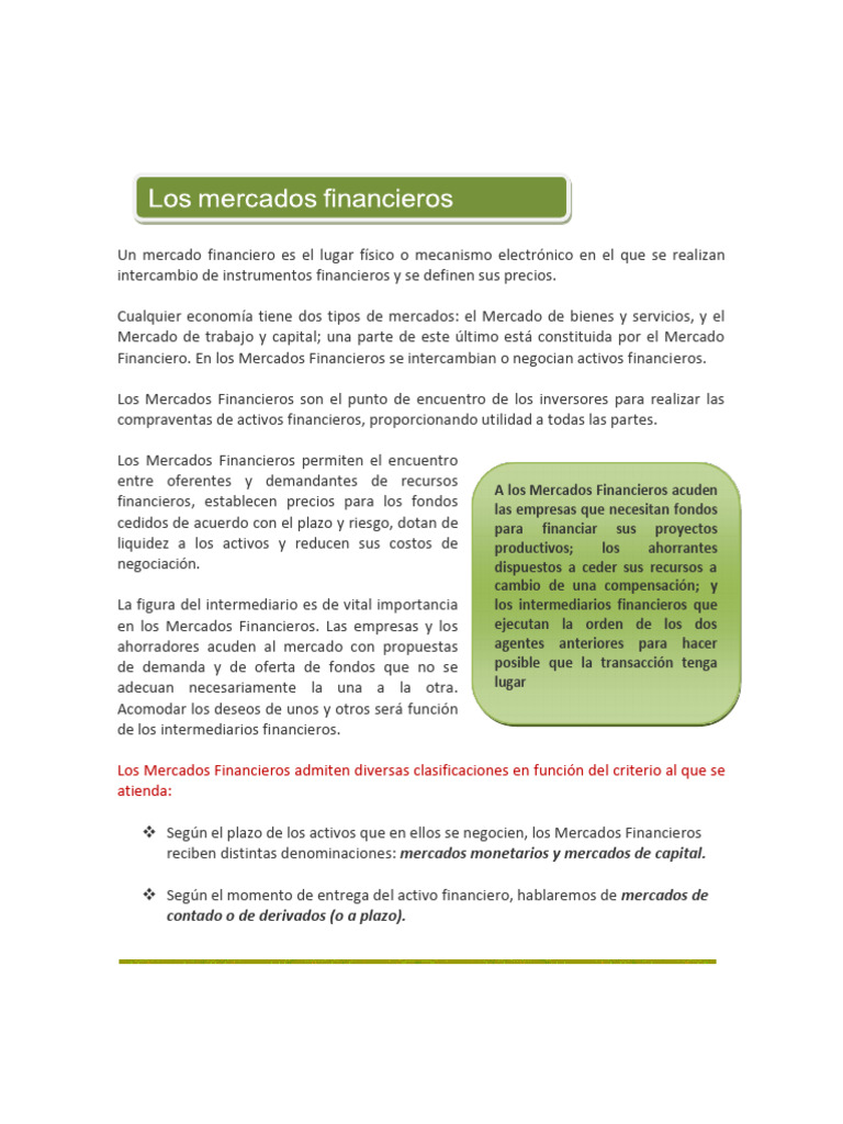 Tipos e Importancia de Mercados Financieros | PDF | Mercado (economía ...