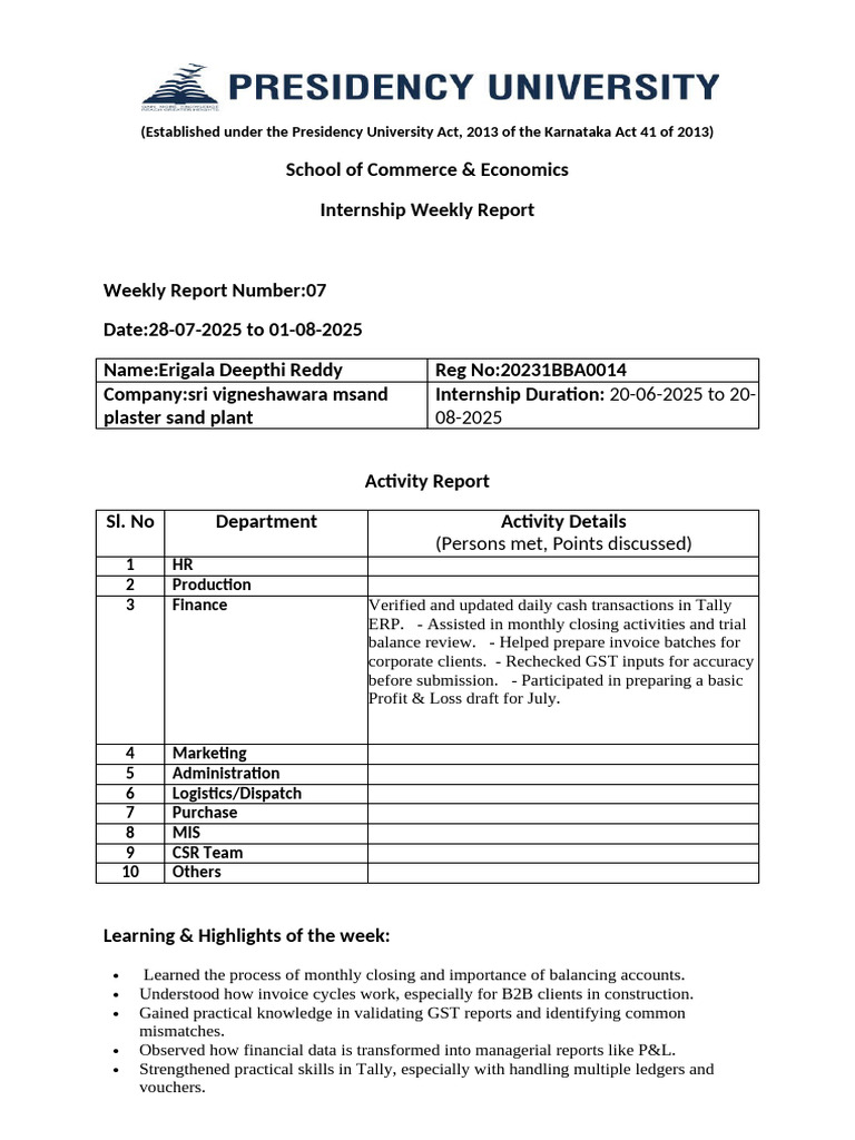 Internship Report: Week 7 Summary | PDF