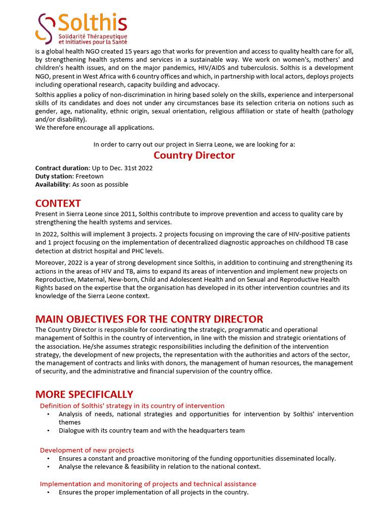 Country Director Position at Solthis | PDF | Tuberculosis | Non ...