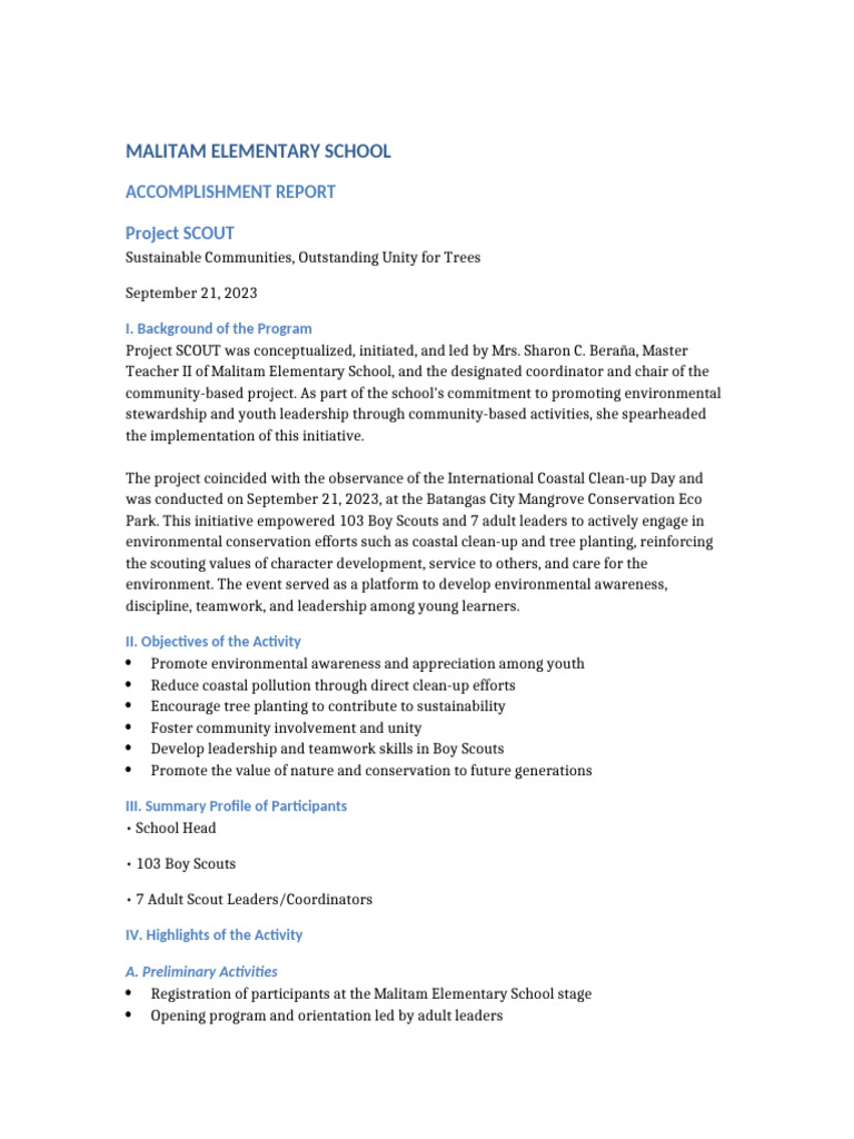 Malitam School's Project SCOUT Report | PDF | Mangrove | Leadership