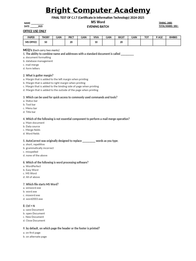 C.I.T MS Word Final Test 2024-2025 | PDF | Page Layout | Text
