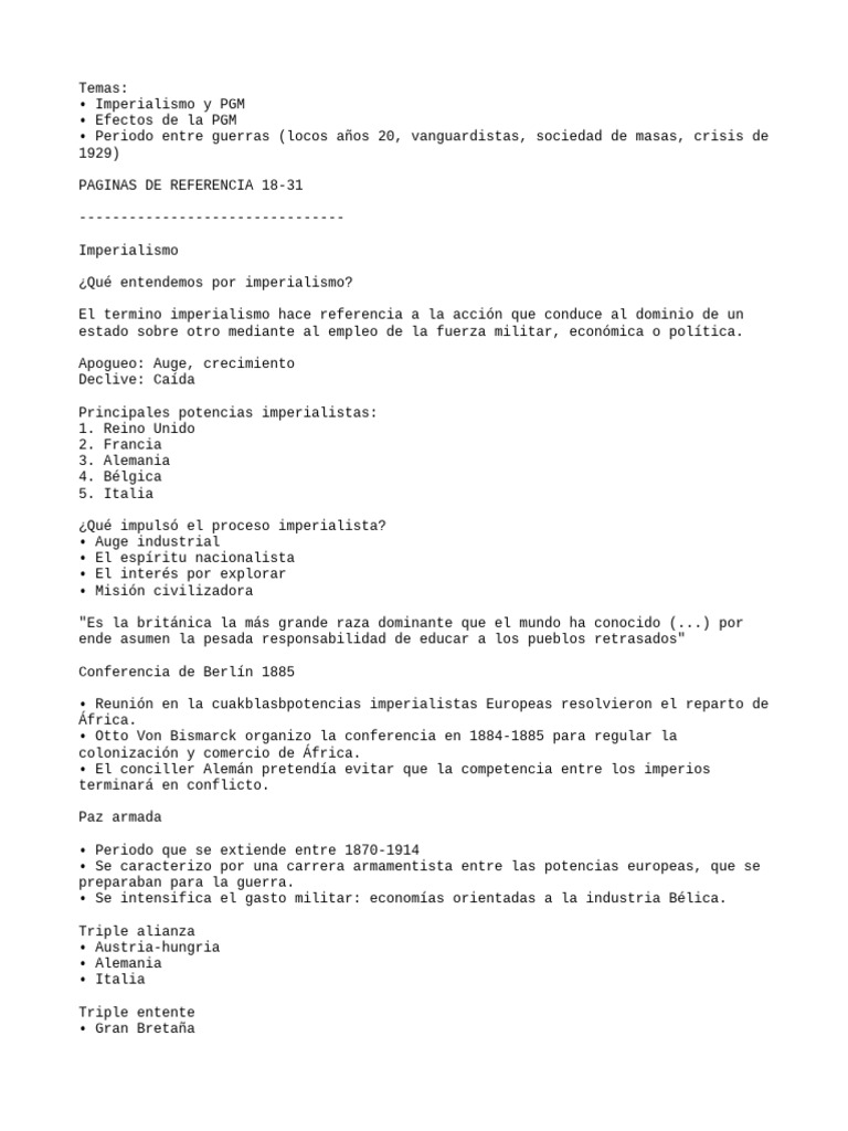 Imperialismo y Consecuencias de la PGM | PDF | Primera Guerra Mundial ...
