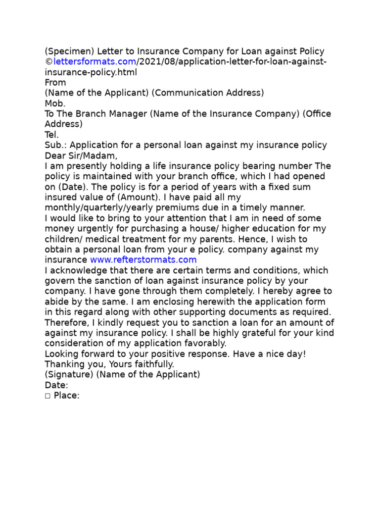 Loan Application Against Insurance Policy | PDF