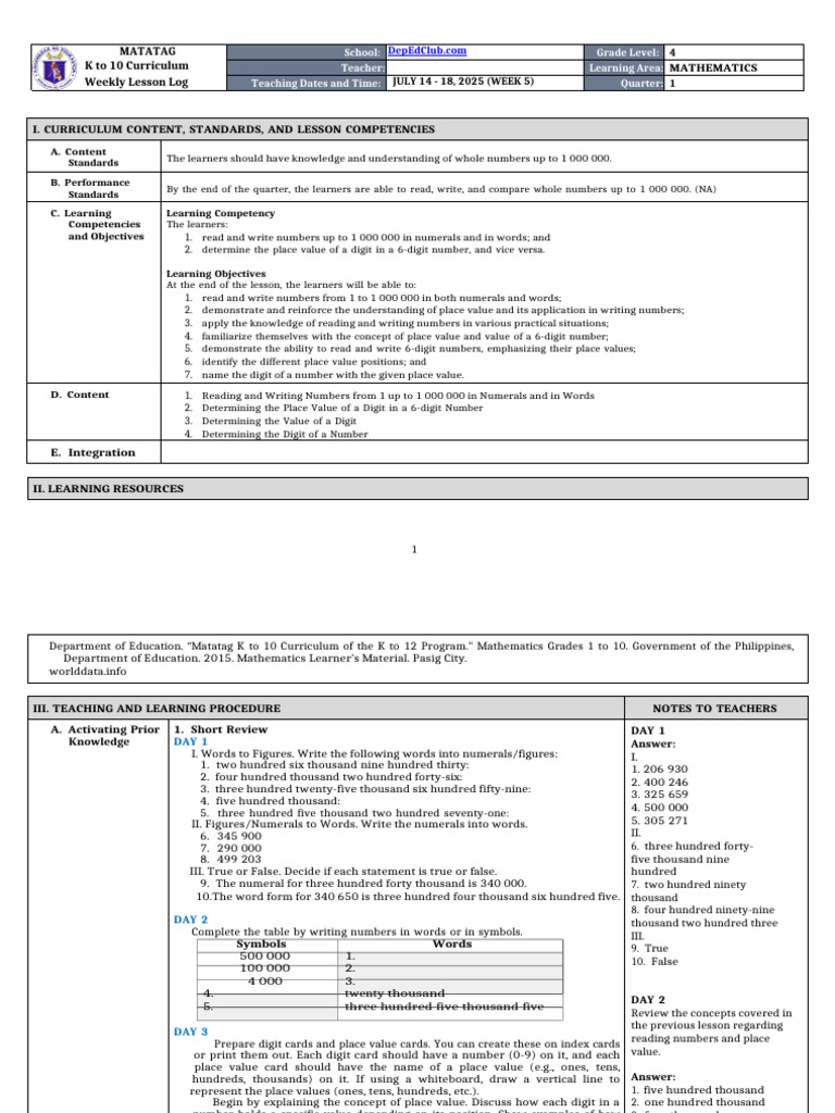 Sample DLL: Matatag Curriculum Math | PDF | Curriculum | Numbers