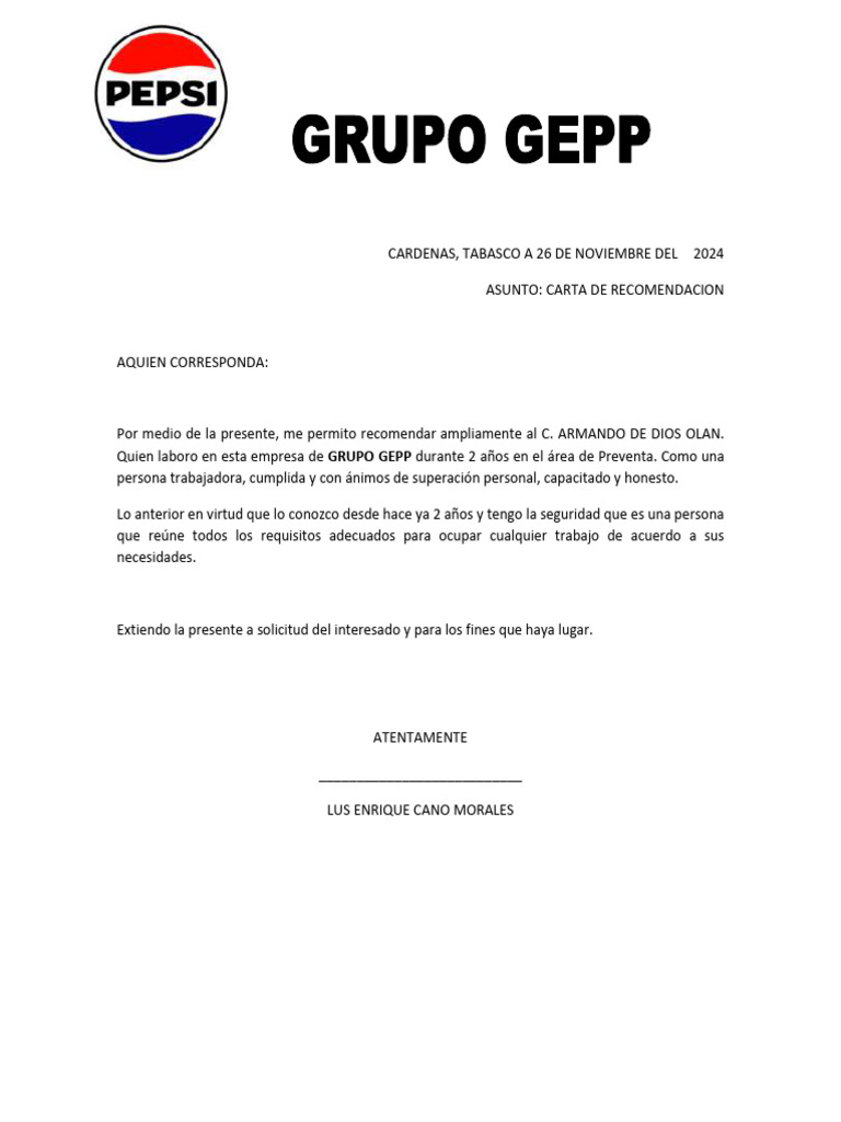 Carta de Recomendación Laboral | PDF