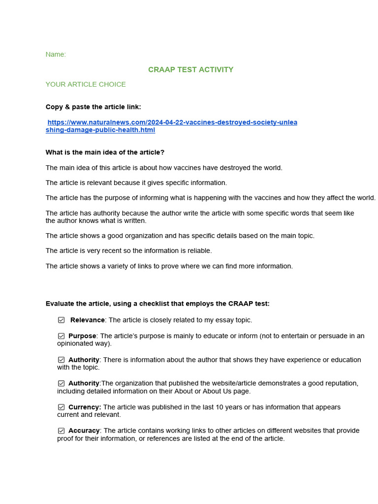 CRAAP Test Evaluation of Vaccine Article | PDF