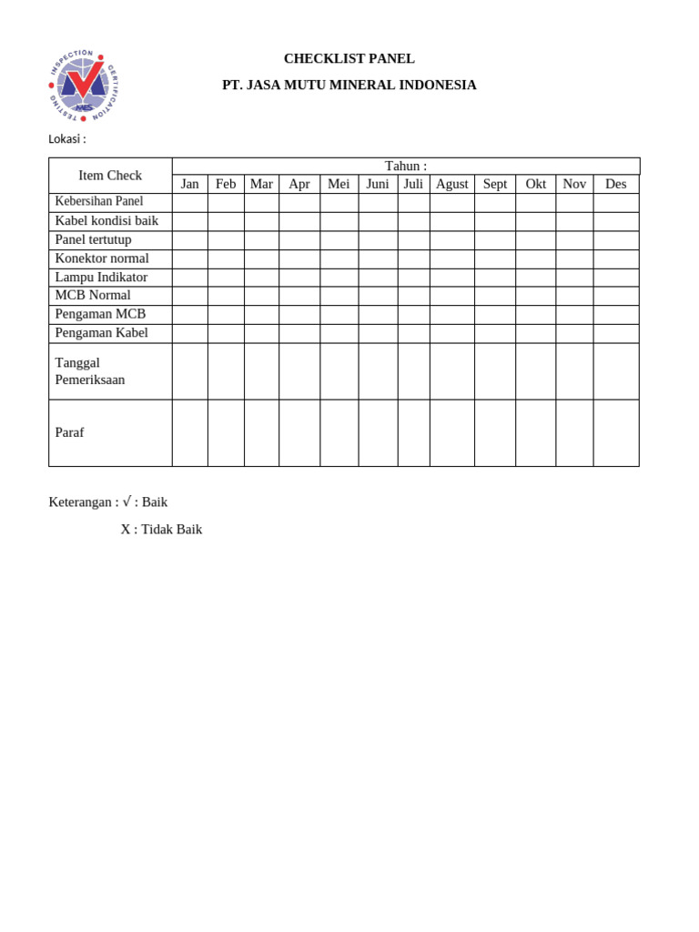 Checklist Kebersihan Panel Jasa Mutu | PDF