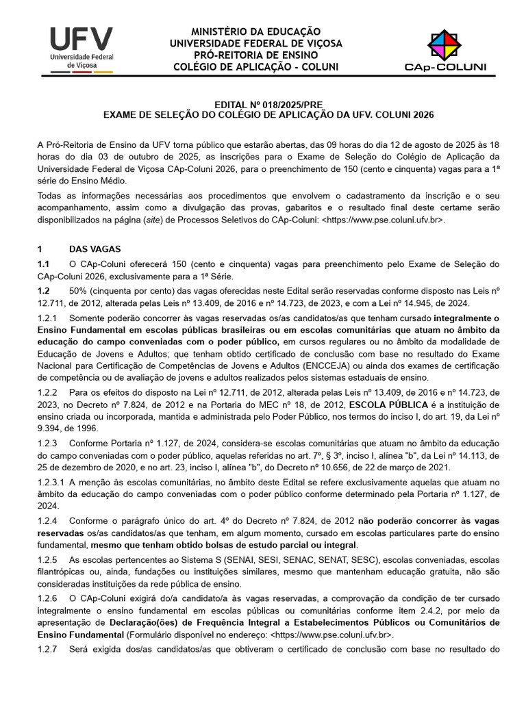 Exame de Seleção CAp-Coluni 2026: Inscrições Abertas | PDF | Salário ...