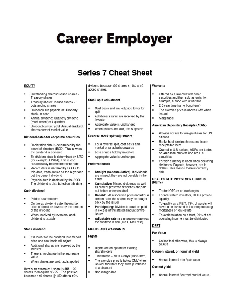 Series 7 Exam Cheat Sheet | PDF | Bonds (Finance) | Dividend