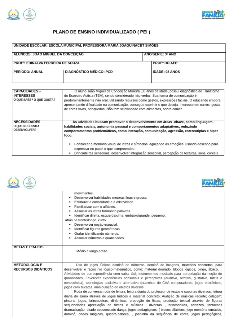 Plano de Ensino Individualizado para TEA | PDF | Autismo | Comunicação