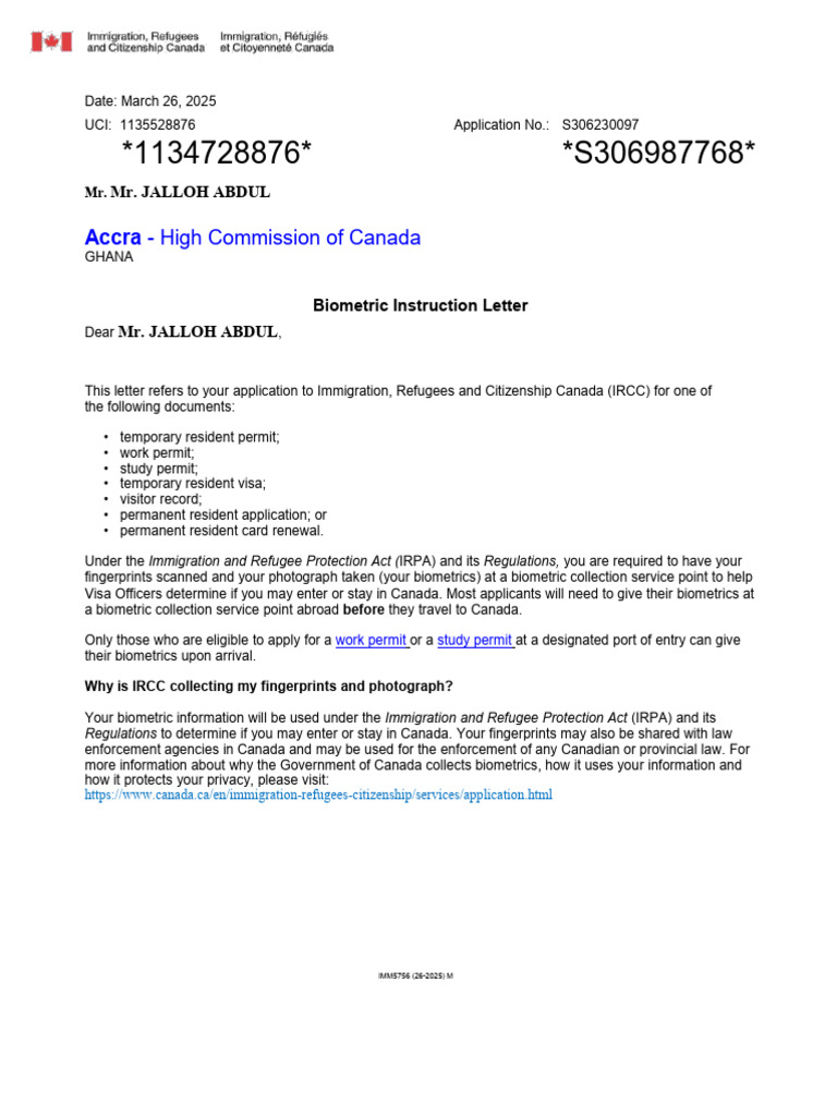 Mr. JALLOH ABDUL - Biometric-Instruction-Letter 6 - Copie | PDF ...