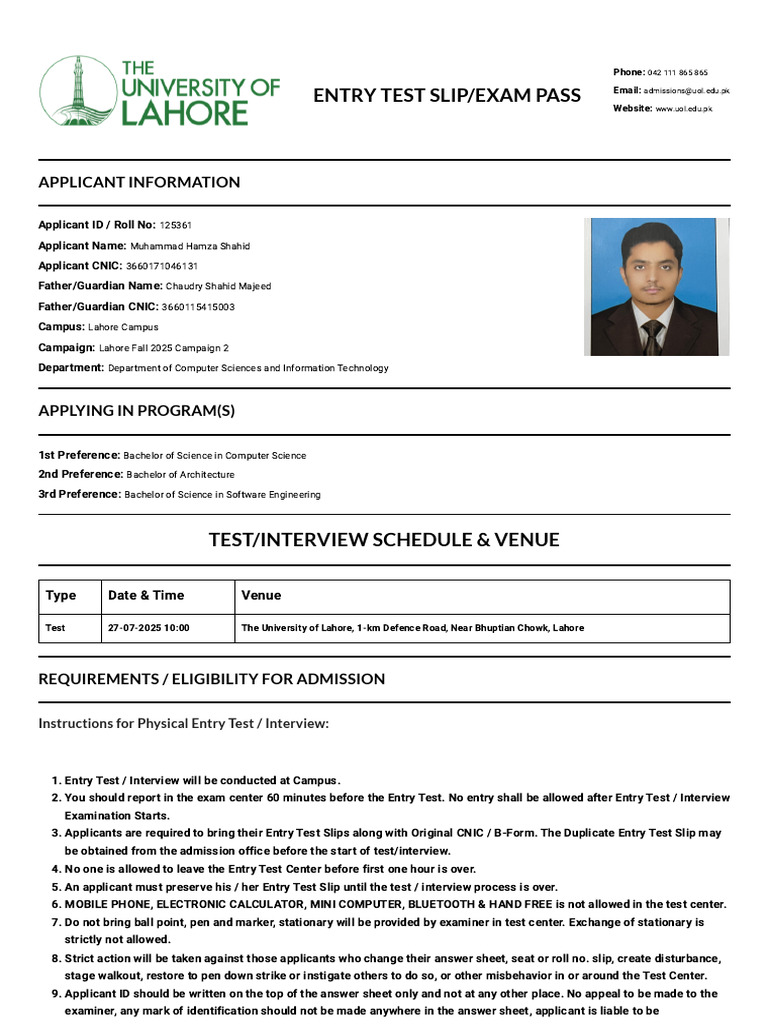 UOL Entry Test Slip for Hamza Shahid | PDF