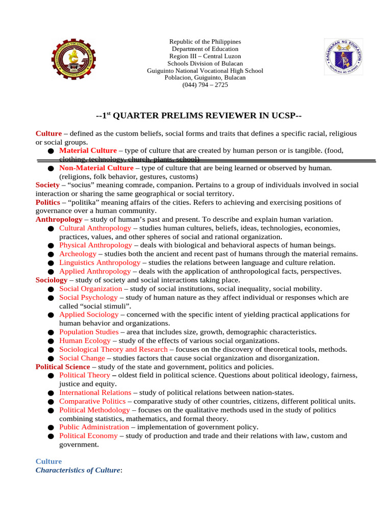 UCSP 1st Quarter Prelims Reviewer | PDF | Human | Socialization