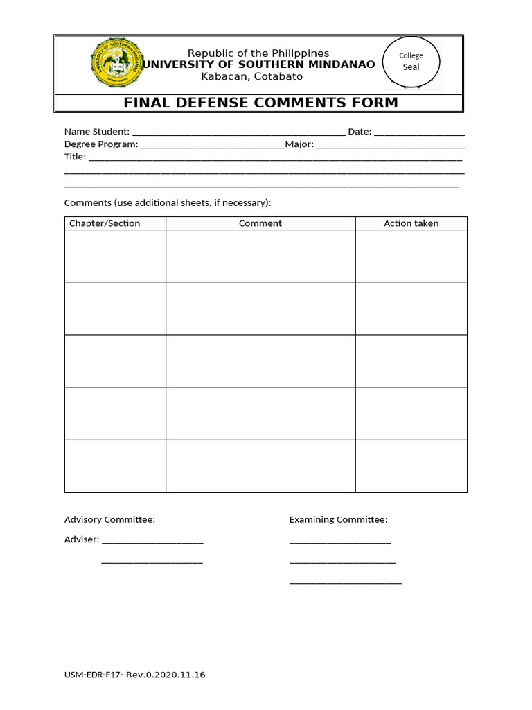 USM Final Defense Comments Form | PDF
