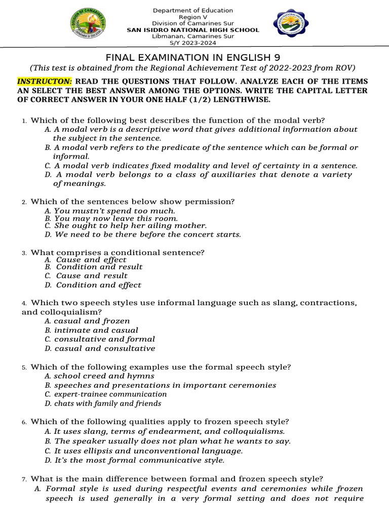 English 9 Final Exam Overview | PDF | Verb | Bias