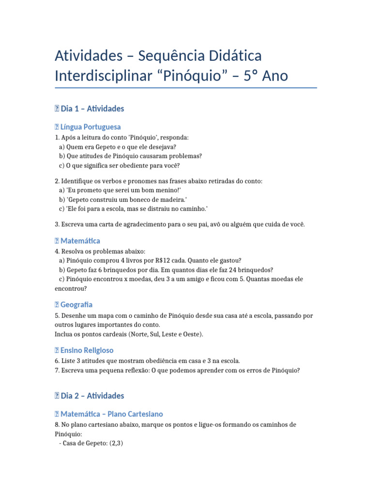 Atividades Interdisciplinares sobre Pinóquio | PDF