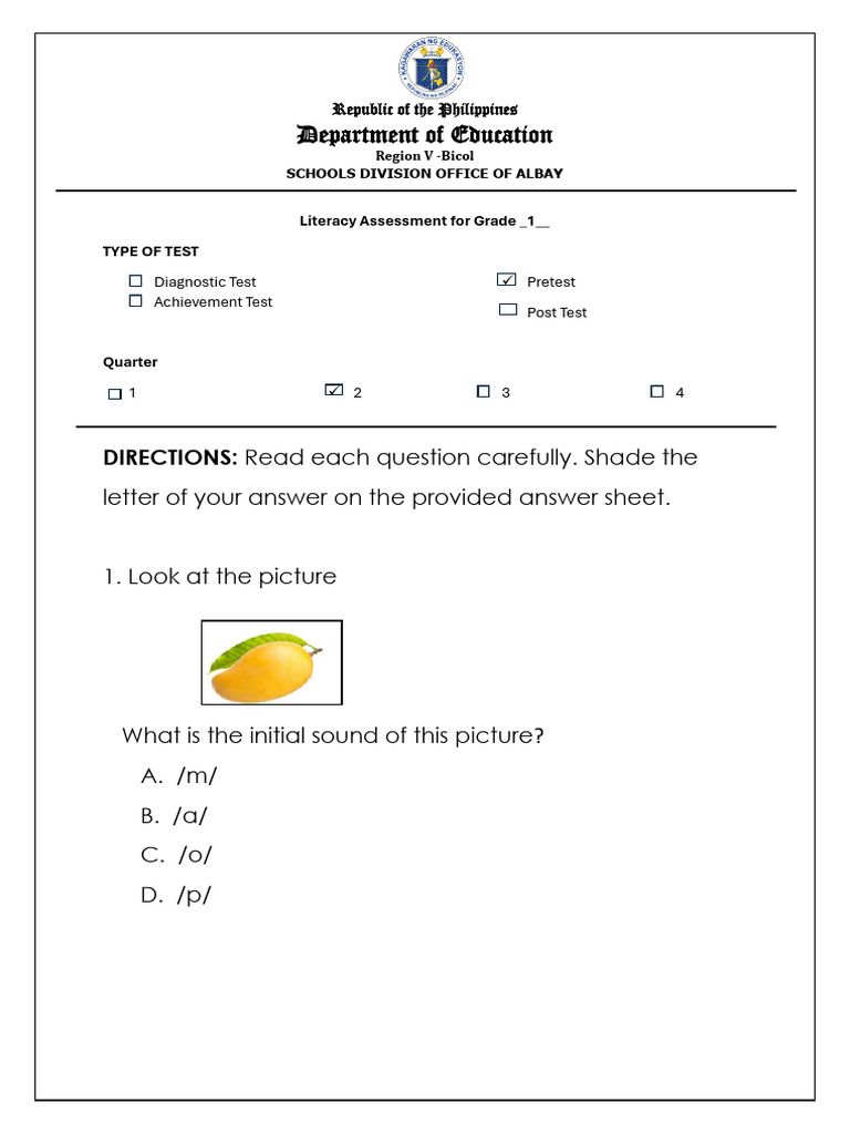 Grade 1 Literacy Assessment Test | PDF