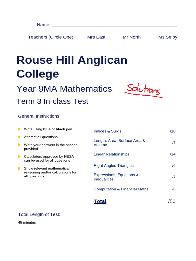 Year 9 Mathematics A Term 3 Test | PDF | Area | Mathematics