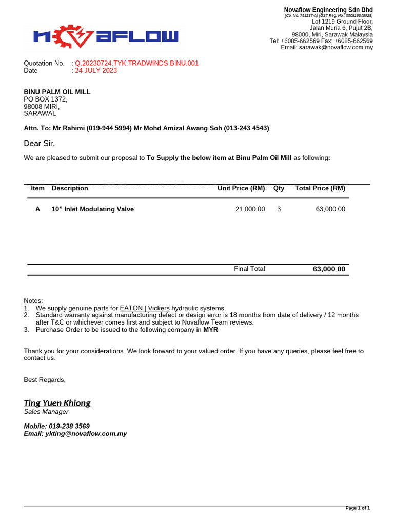 Quotation for Binu Palm Oil Mill | PDF