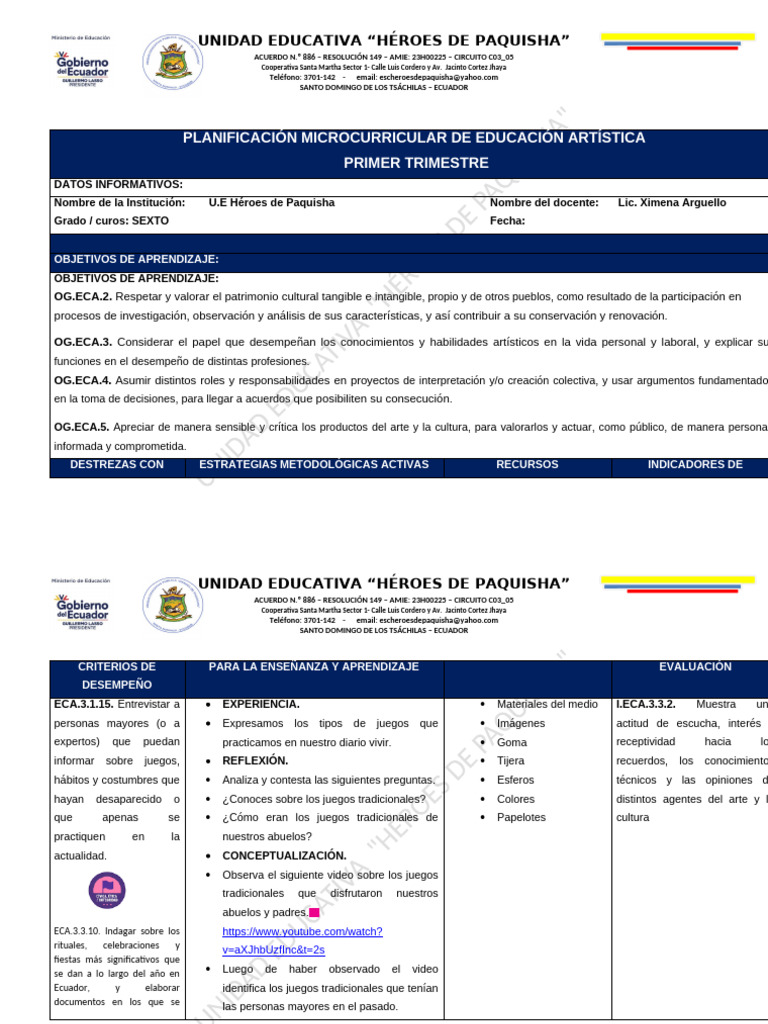 Actividades de ECA para Sexto Grado | PDF | Aprendizaje | Ecuador