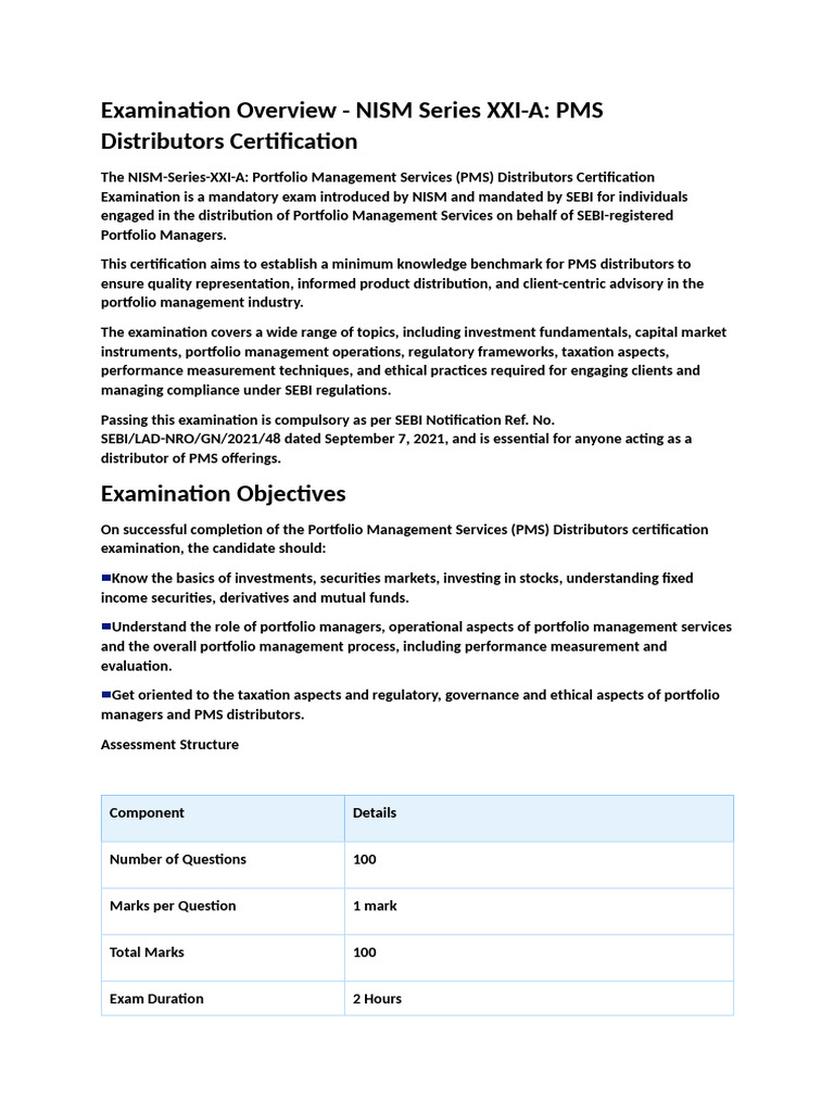 NISM PMS Distributors Certification Overview | PDF | Investment ...
