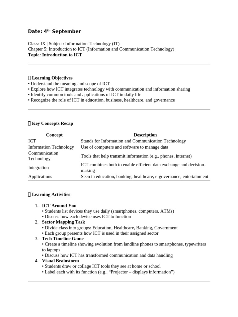 Class 9th Lesson Plan (September) | PDF | Information And ...
