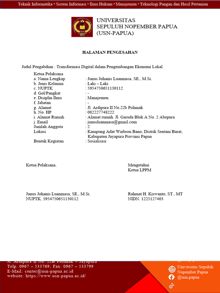Pengesahan PKM USN Papua 2023 | PDF