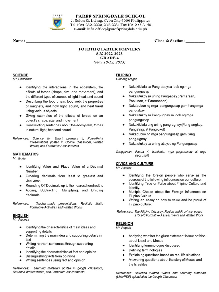 Grade 4 Fourth Quarter Study Guide | PDF